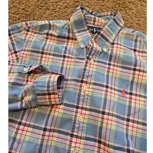 ralph lauren custom fit button up long sleeve plaid cotton midweight blue pink L